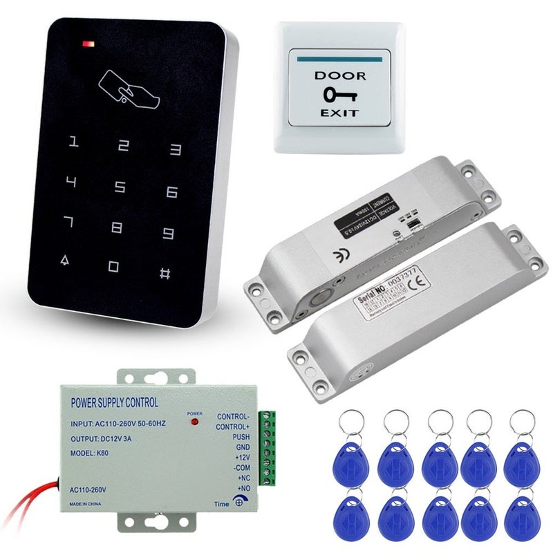 LIBO Smart Home LIBO Full Set Kit of RFID Access Control Keypad 125KHz with DC12V Electric Lock Electronic Bolt Lock, 3A Power Supply, Exit Button, 10pcs ID Key Cards - Image 1
